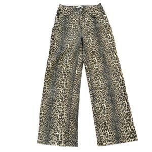 Ettelo Leopard Print Barrel Leg Denim Jeans Size 6 Animal Print Wide Leg